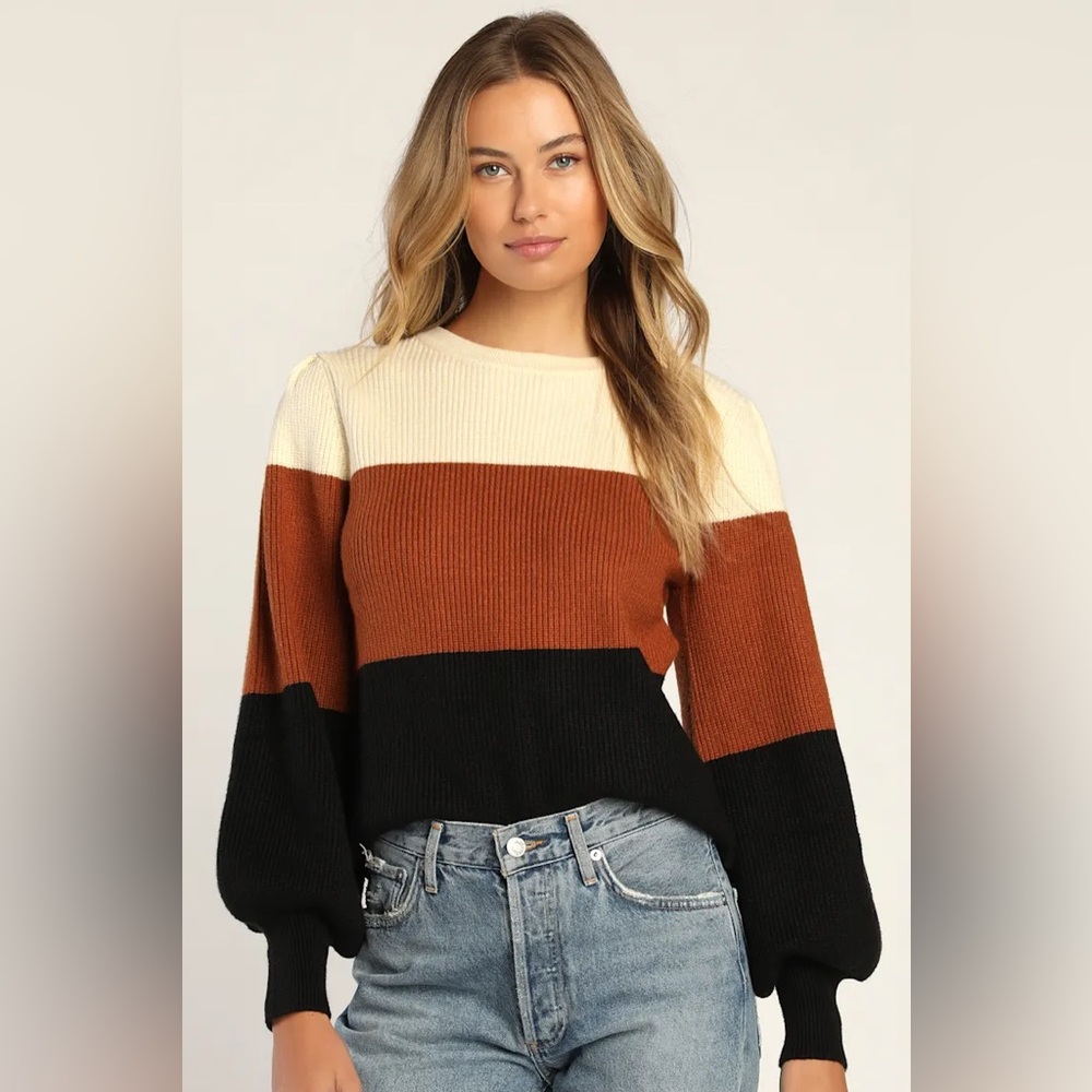 Lulu's Colorblock Ribbed Sweater in Cream, Rust & Black